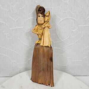 Vintage Corn Husk Doll 9" Tan Brown Handmade Woman Baby Face Hair Folk Art Fall